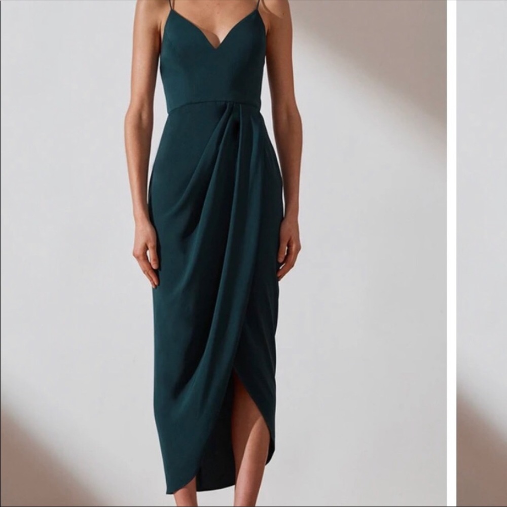 Shona Joy Tulip Hem Midi Dress, emerald green. Size 6.